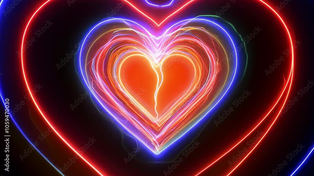 Poster a vibrant heart design pulsates with bright neon colors against a dark backdrop, creating a captivat