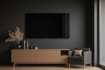 Modern living room featuring dark walls, large flat-screen TV, wooden console, cozy armchair, and natural decorations exuding tranquility and sophistication.