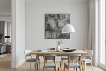 Fototapeta premium Minimalist Dining Room with Elegant Wooden Table, Modern Chairs, and Soft Ambient Lighting Enhancing Cozy Atmosphere
