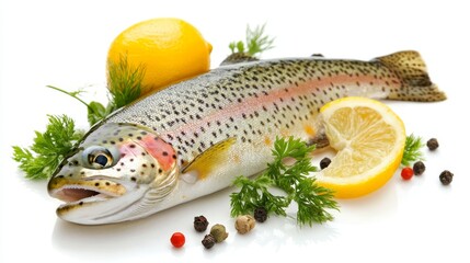 Fresh Whole Rainbow Trout Garnished with Lemon Slices, Herbs, and Spices on White Background