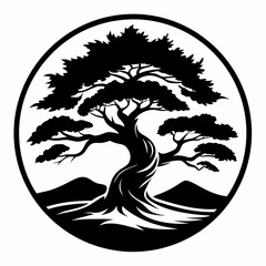 silhouette of a tree in a circle juniper tree black and white vector
