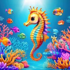 A vibrant underwater scene featuring a colorful seahorse surrounded by various fish and corals.