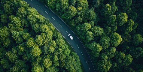 Aerial view of a winding road surrounded by lush green trees, with a white car