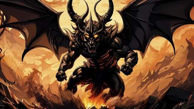 A towering mythical being with horns and wings rises from a fiery background, surrounded by darkened trees and rugged terrain.