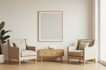 Minimalist living room featuring elegant chairs, a stylish coffee table, and a large mirror providing a sense of tranquility and warmth.