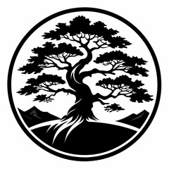 silhouette of a tree in a circle juniper tree black and white vector