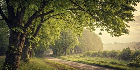 Fototapeta premium Vintage Style Photography of Lush Green Nature with Flowing Trees in Soft Focus for a Serene Landscape