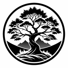 silhouette of a tree in a circle juniper tree black and white vector
