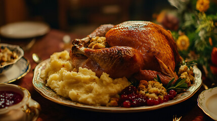 Golden roasted turkey surrounded by mashed potatoes, stuffing, and cranberry sauce.