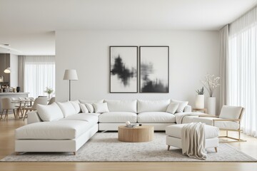Modern Living Room with Neutral Colors, Comfortable White Sectional, Elegant Coffee Table, Abstract Art, and Cozy Accents Enhancing Calmness and Serenity.