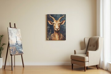 Serene Room with Goat Portrait and Easel, Capturing Essence of Artistic Beauty and Calmness