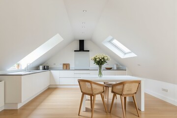 Minimalist Attic Kitchen Dining Space Under Natural Light Serenity Coziness