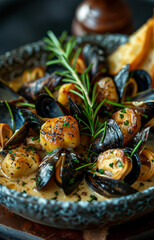 Fototapeta premium Herbed mussels and scallops dish. A delectable seafood dish featuring sauteed mussels and scallops garnished with fresh herbs, served in a rustic bowl.