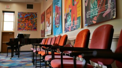 The room is adorned with colorful posters depicting famous choral pieces and inspiring quotes about the power of music.