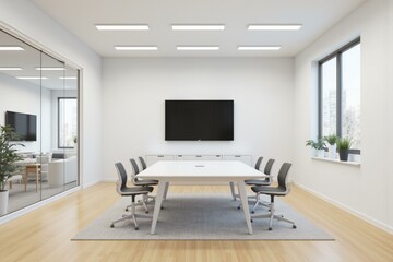 Modern Conference Room with White Table Chairs Flat Screen TV Wooden Floor Calm Professional Setting