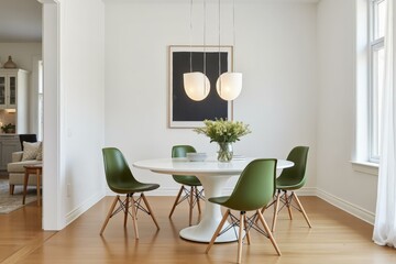 Modern dining room features white marble table, olive green chairs, and elegant pendant lights creating serene and stylish atmosphere