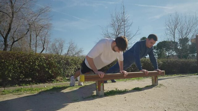 In a sunny park, two men are doing pushups on parallel bars, showcasing fitness and teamwork outdoors