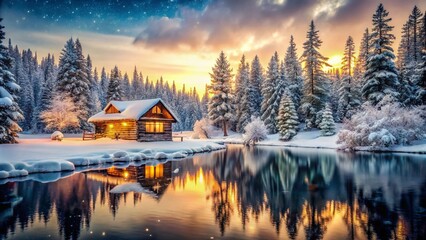 Fototapeta premium Vintage Winter Cabin in Snowy Wonderland - Serene Snow-Covered Trees, Frozen Lake, Cozy Retreat, Rustic Charm, Tranquil Nature Scene, Winter Escape, Scenic Landscape
