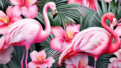 A vibrant tropical scene featuring pink flamingos among lush flowers and foliage.
