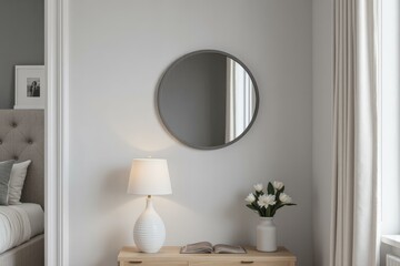 Serene Bedroom Corner Featuring Round Mirror, White Lamp, and Fresh Flowers Creating Cozy Modern Atmosphere