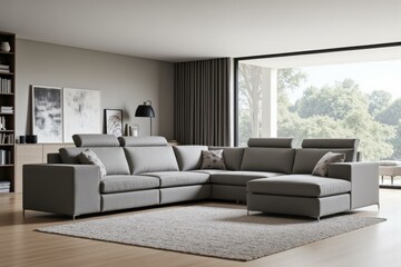 Modern Living Room Features Elegant Sectional Sofa, Creating Cozy and Stylish Atmosphere with Contemporary Decor and Large Windows Overlooking Lush Green Landscape.