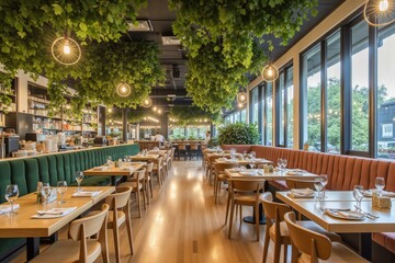 Modern Restaurant with Green Accents and Cozy Wooden Seating Offers Relaxing Dining Experience with Natural Light