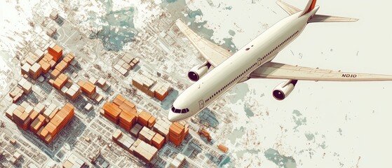 Fototapeta premium Airplane flying over a city with cargo containers.