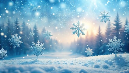 Fototapeta premium snowflakes gently falling on a serene winter landscape background, winter wonderland, icy trees, frosty landscape, serene scenery