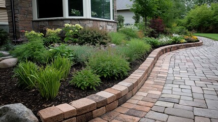 Landscaped garden with diverse greenery and flowers bordered by a stone pathway and retaining wall in a residential setting.