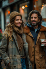 Couple cozies up on an autumn stroll. A man and woman smile happily while walking together in a bustling urban area, dressed warmly for the cool autumn day.