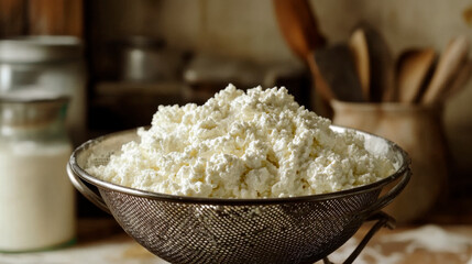 Fresh Cottage Cheese in Strainer with Rustic Kitchen Backdrop