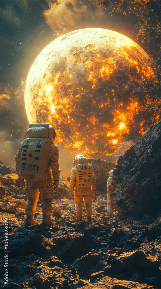Poster astronauts building moon base with earth visible in background illustrating space exploration