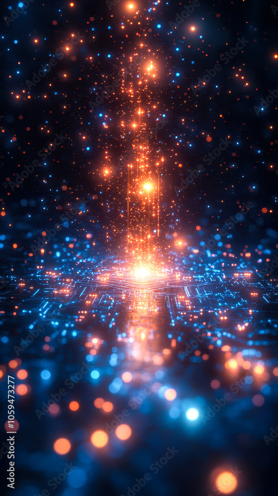 Poster quantum computer emitting glowing particles representing advanced computational power and technology