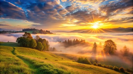 Softly glowing clouds illuminate a misty meadow as the sun rises over a rolling hill, meadow, fog