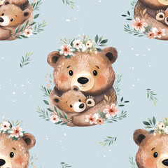 Seamless pattern with a cute baby bear with mom.
on blue background,  Children's seamless wallpaper in watercolor style.