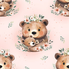 Seamless pattern with a cute baby bear with mom.
A repeating background with a bear. Children's seamless wallpaper in watercolor style.