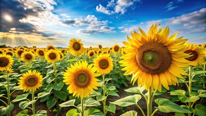 Sunflower field with bright yellow flowers and green stems stretching towards the sky, nature, countryside, yellow flowers