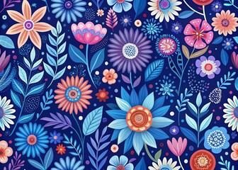 Whimsical Indigo Floral Seamless Pattern for Backgrounds, Textiles, and Home Decor - Perfect for Unique Designs and Creative Projects