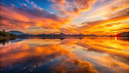 Fototapeta premium Sunset over a peaceful lake with calm waters, reflecting a vibrant orange sky and surrounding mountains in the distance, atmosphere, mountain, landscape, serene, peaceful