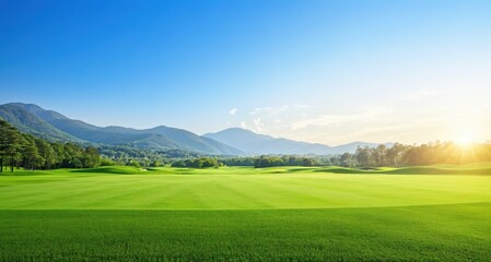 Obraz premium Landscape with lush green grass, rolling mountains, and a clear blue sky of sunrise.