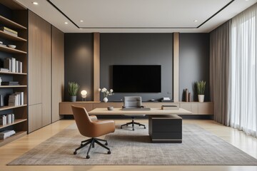 Modern Home Office Space Featuring Elegant Wooden Furniture and High Tech Gadgets for Enhanced Productivity