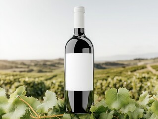Fototapeta premium Elegant red wine bottle in a lush vineyard setting, perfect for showcasing your wine brand or vineyard.