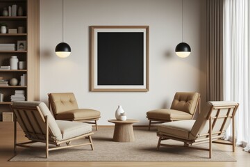 Modern living room features cozy armchairs, elegant pendant lights and soothing neutral tones creating calm, relaxing atmosphere.