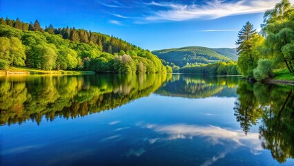 Fototapeta premium Tranquil lake on a sunny day, reflecting trees and surrounding hills in its calm waters, peaceful, landscape