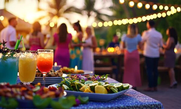 A vibrant outdoor gathering with food and drinks at sunset.