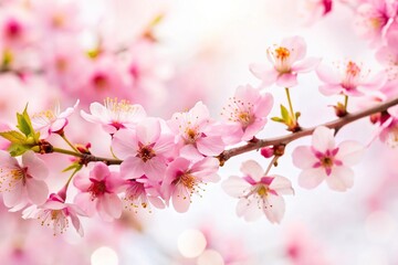 Naklejka premium Vibrant cherry blossom branch against a soft white background, calming scene, leafy greens