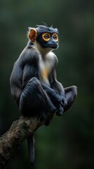 Obraz premium A monkey is sitting on a branch. The monkey is looking at the camera. The photo is black and white