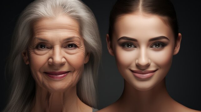 A split-face comparison elegantly displays the contrast between youthful and aged beauty, emphasizing the richness and dignity of life's stages.