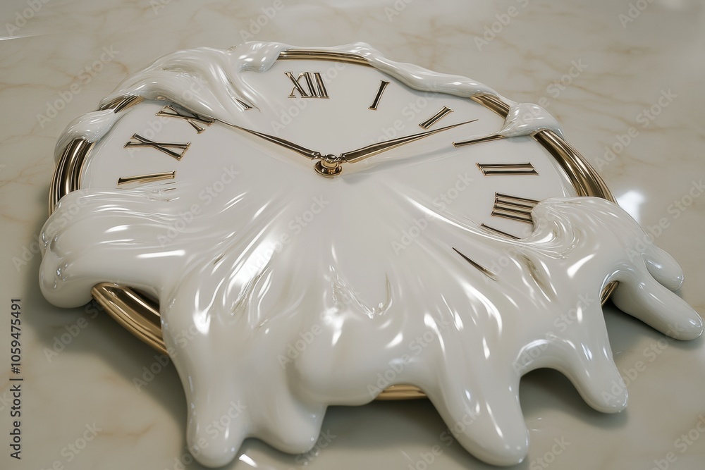 Poster the clock displays elongated, melting hands that symbolize time's fluidity, set against a soft, pale