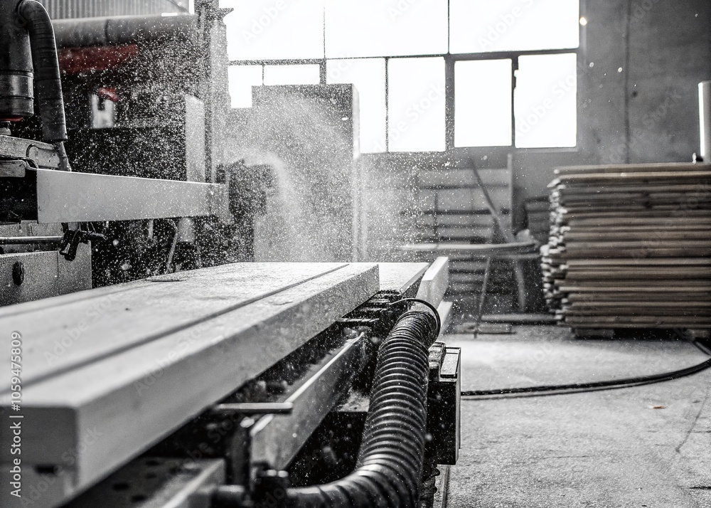 Poster wood processing workshop: high dynamic range showcase of machinery and timber
